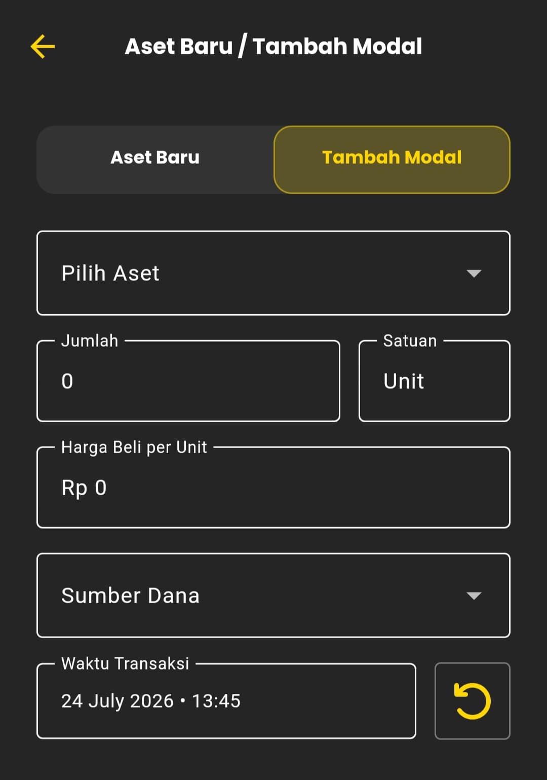 Form Tambah Modal dengan Pilih Aset, Jumlah, Satuan, Harga Beli per Unit, Sumber Dana, dan toggle biaya administrasi, Menggunakan Tabungan, serta Pembulatan Otomatis