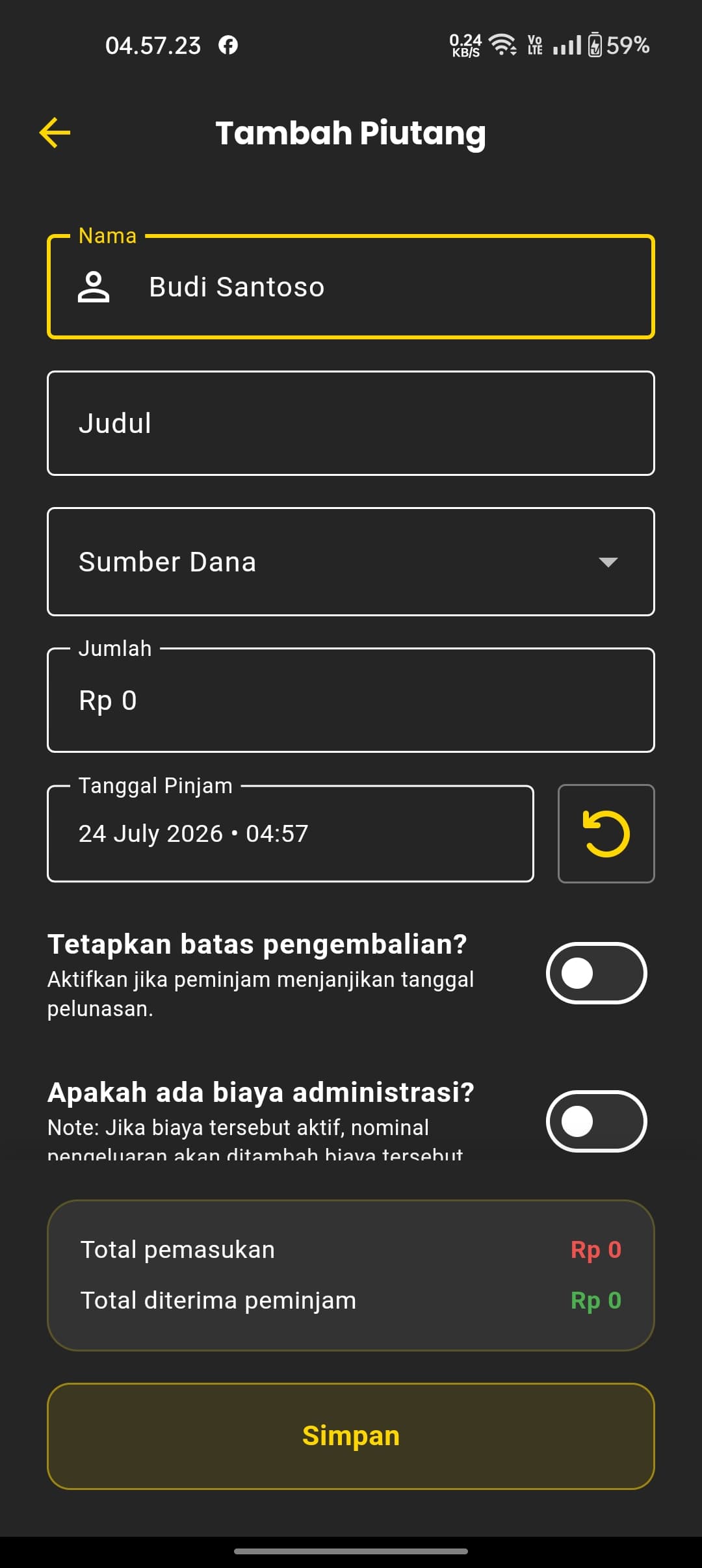 Form Tambah Piutang dengan field Nama (dengan saran nama peminjam yang sudah ada), Judul, Sumber Dana, dan Jumlah