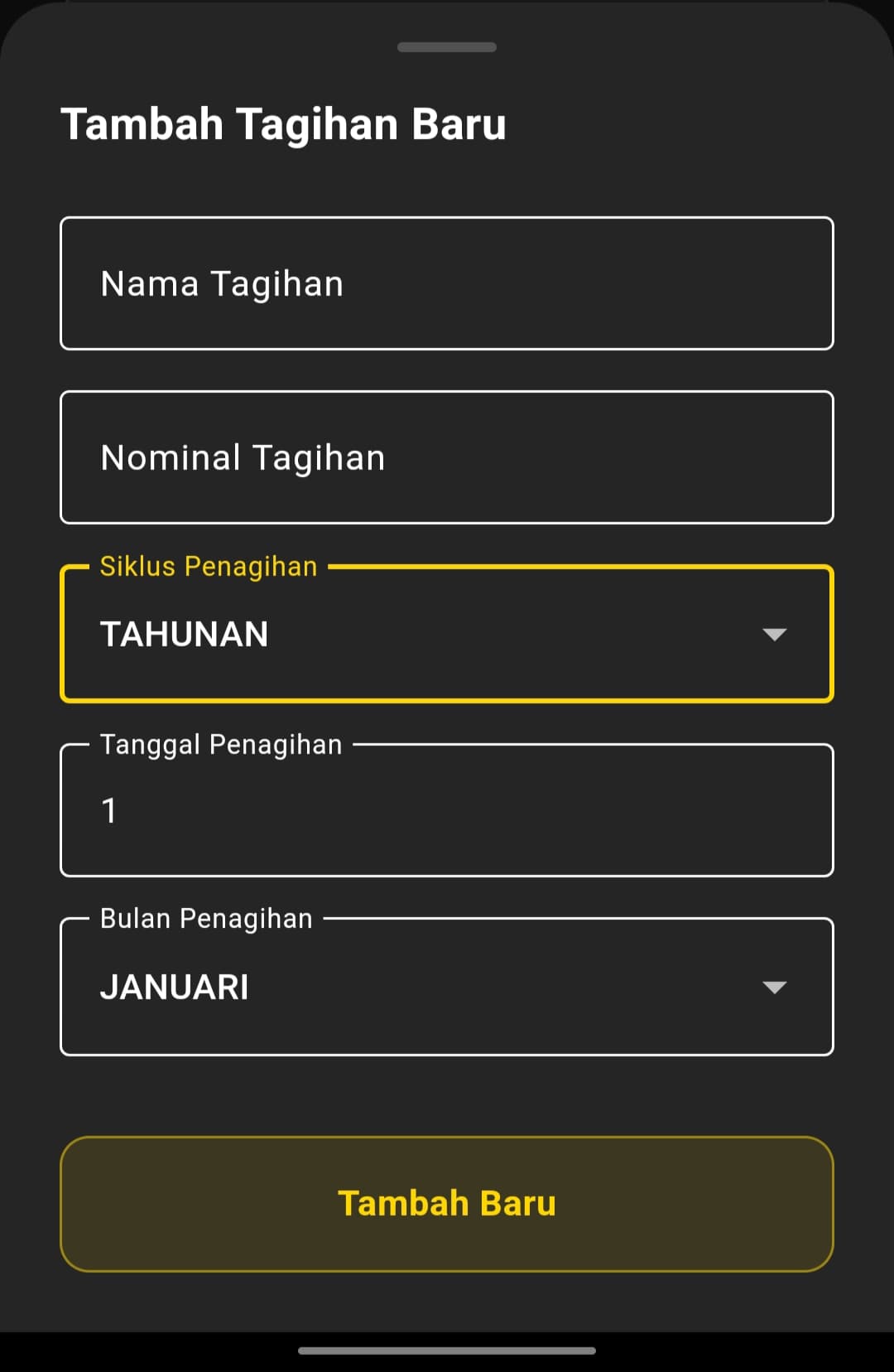 Form Tambah Tagihan Baru dengan Siklus Penagihan Tahunan, menampilkan field Tanggal Penagihan dan Bulan Penagihan