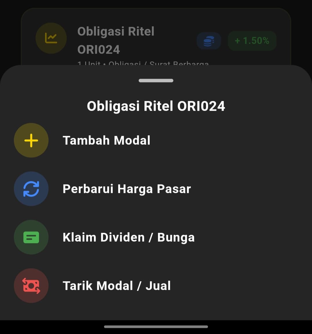 Menu aksi aset dengan 4 opsi: Tambah Modal, Perbarui Harga Pasar, Klaim Dividen/Bunga, dan Tarik Modal/Jual