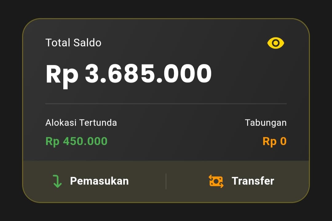 Kartu Total Saldo di Beranda menampilkan Total Saldo, Alokasi Tertunda, Tabungan, serta tombol Pemasukan dan Transfer