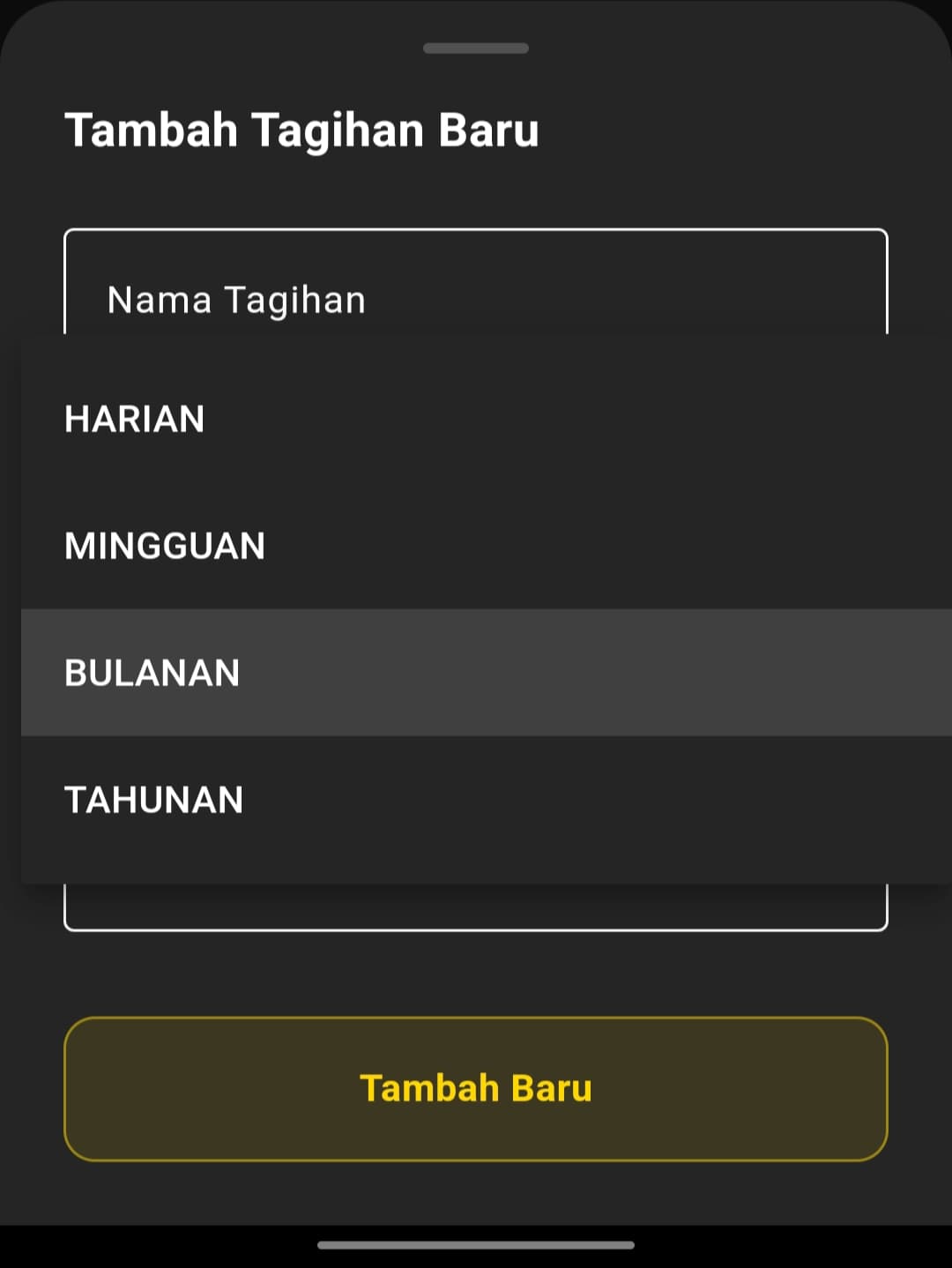 Form Tambah Tagihan Baru dengan dropdown Siklus Penagihan menampilkan pilihan Harian, Mingguan, Bulanan, Tahunan