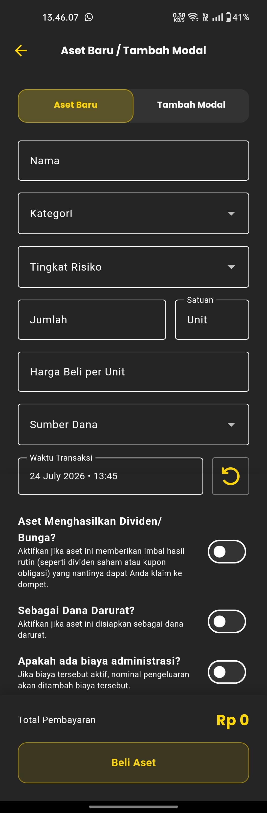 Form Aset Baru dengan field Nama, Kategori, Tingkat Risiko, Jumlah, Satuan, Harga Beli per Unit, Sumber Dana, dan dua toggle: Aset Menghasilkan Dividen/Bunga dan Sebagai Dana Darurat