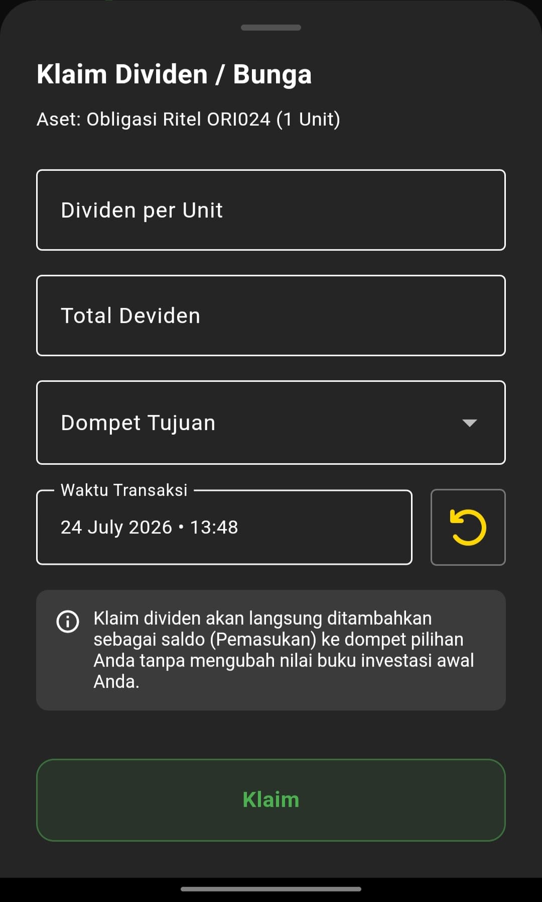 Form Klaim Dividen/Bunga dengan field Dividen per Unit, Total Dividen, Dompet Tujuan, Waktu Transaksi, dan penjelasan bahwa klaim tidak mengubah nilai buku investasi