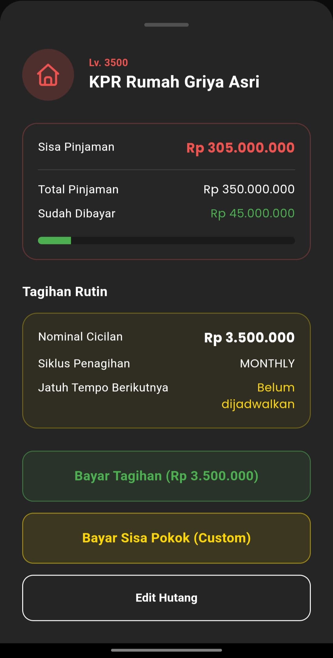Detail Hutang menampilkan Level, Sisa Pinjaman, Total Pinjaman, Sudah Dibayar, dan tombol Bayar Sisa Pokok (Custom) serta Edit Hutang