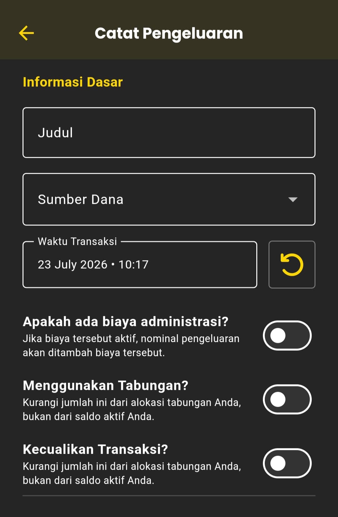 Tiga toggle di form Catat Pengeluaran: Apakah ada biaya administrasi, Menggunakan Tabungan, dan Kecualikan Transaksi