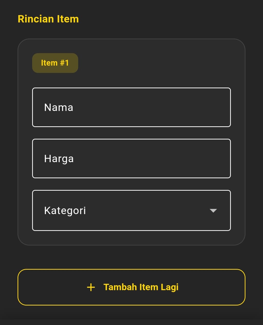 Bagian Rincian Item di form Catat Pengeluaran, dengan field Nama, Harga, Kategori per item, tombol Tambah Item Lagi, dan Total Pembayaran