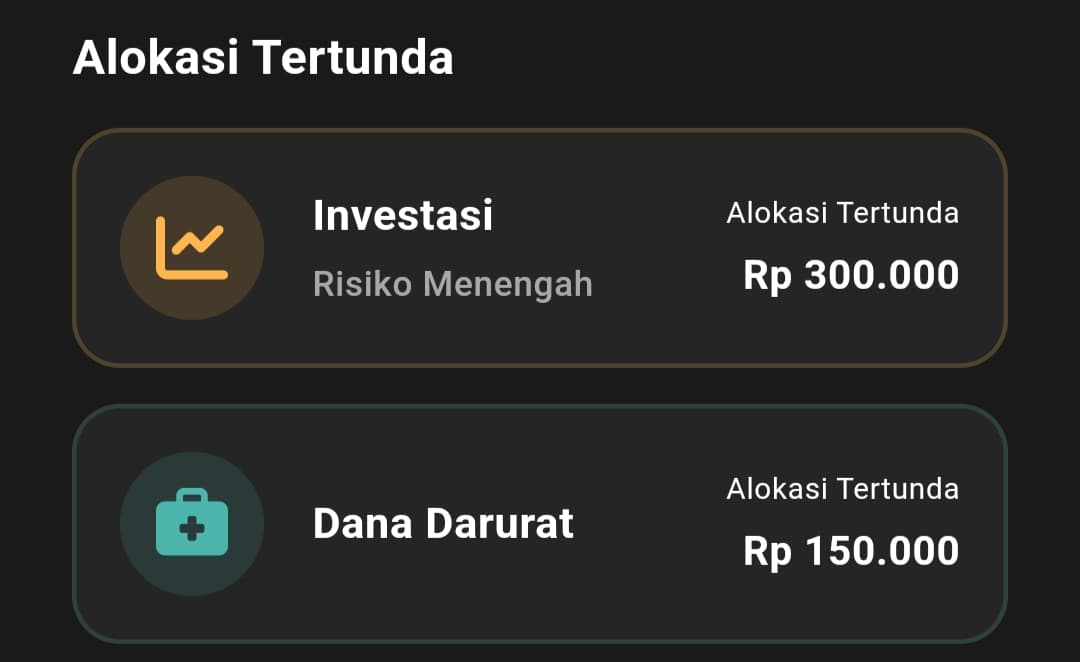 Daftar Alokasi Tertunda di Beranda, menampilkan sektor seperti Investasi Risiko Menengah beserta nominalnya