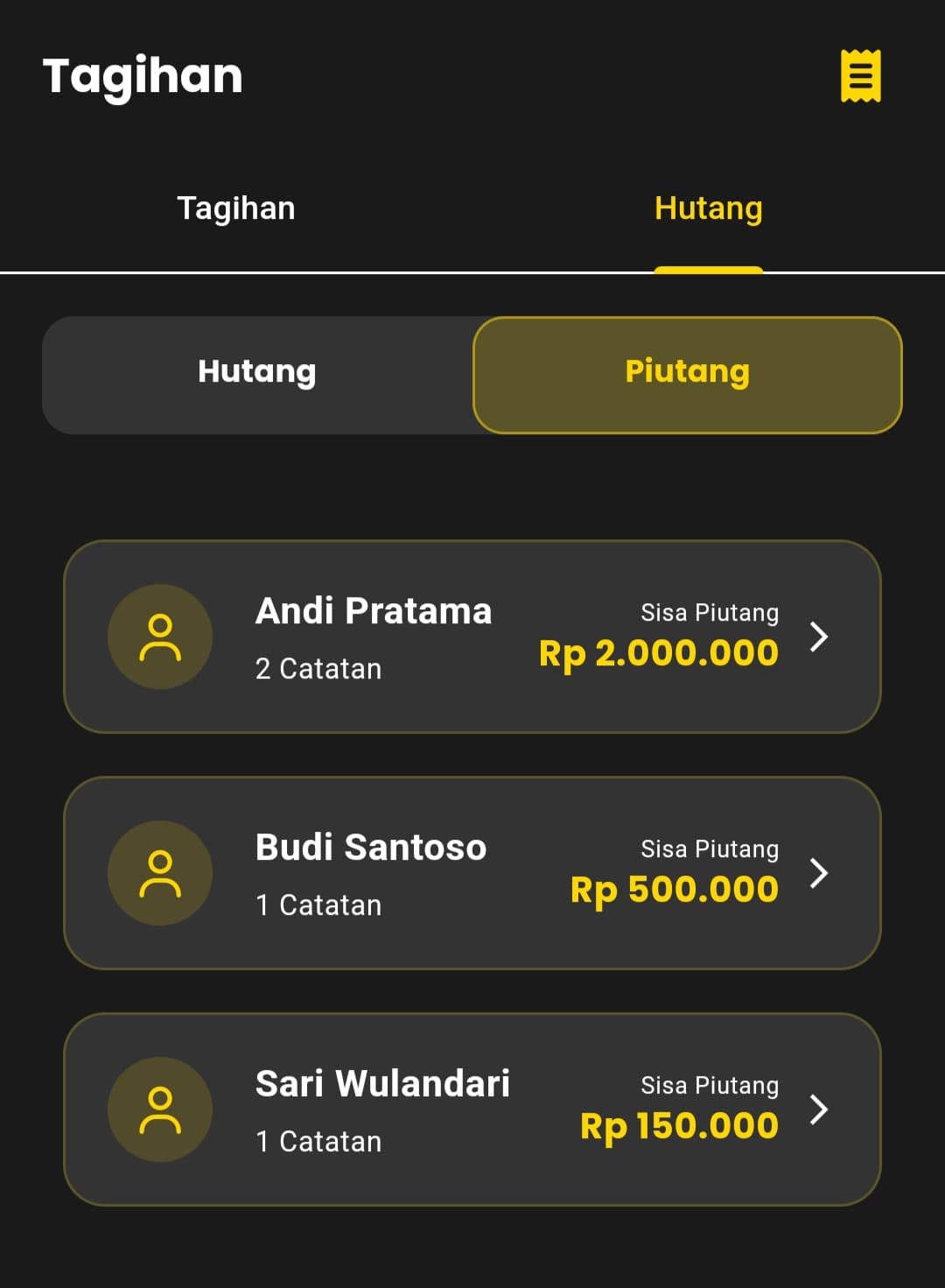 Daftar Piutang dikelompokkan per nama peminjam, masing-masing menampilkan jumlah Catatan dan Sisa Piutang