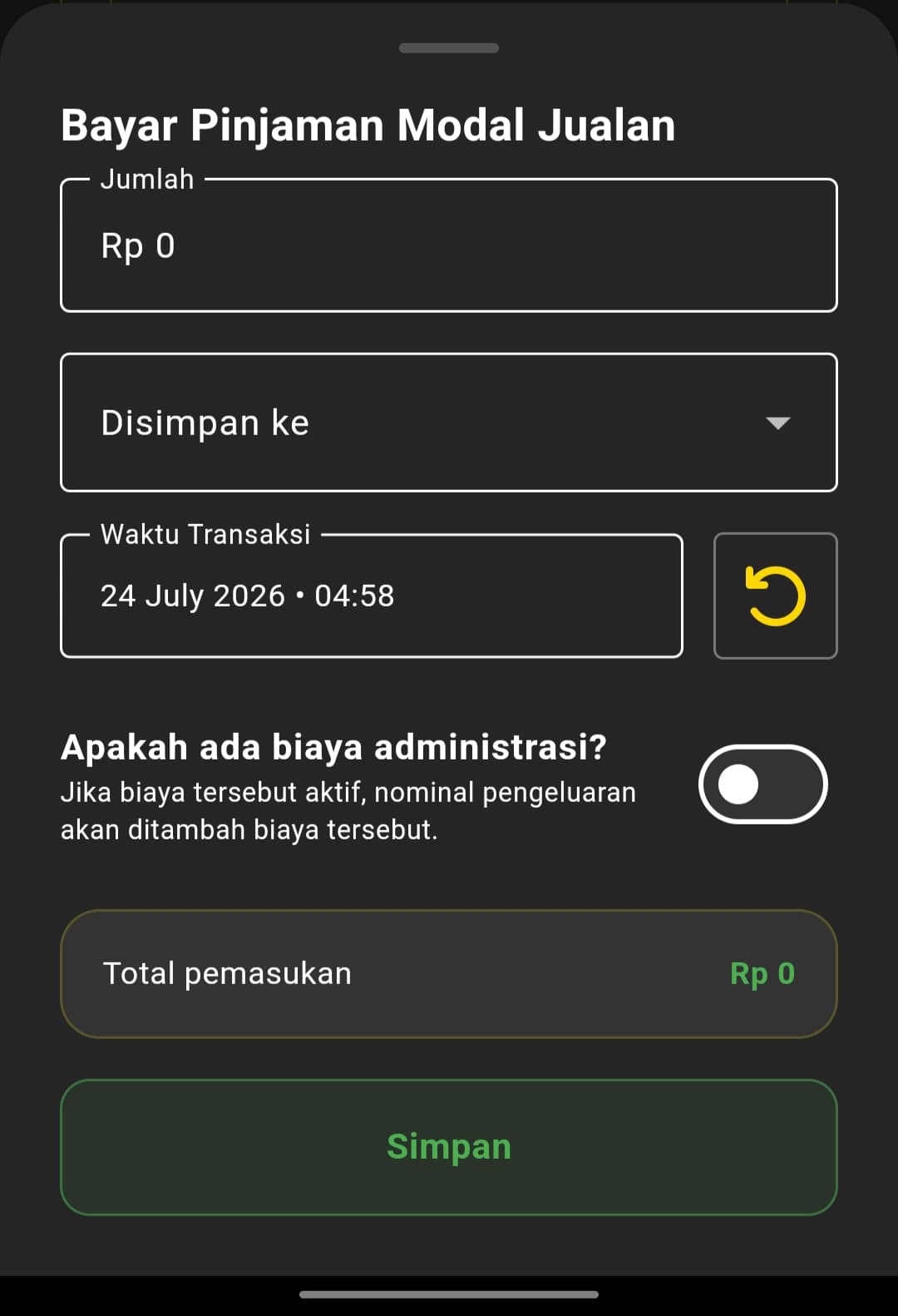 Bottom sheet Bayar Pinjaman dengan field Jumlah, Disimpan ke, Waktu Transaksi, dan opsi biaya administrasi