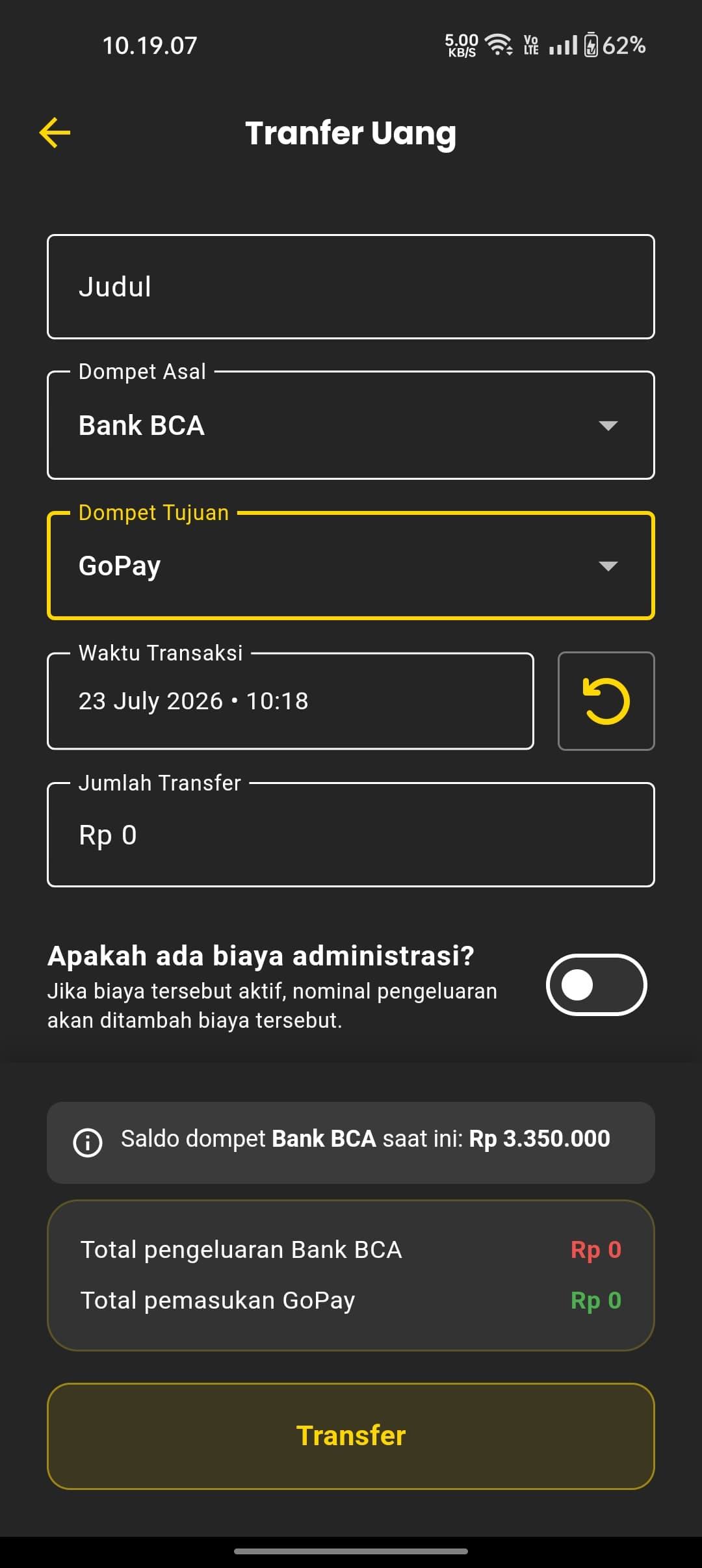 Form Transfer Uang dengan Dompet Asal, Dompet Tujuan, Waktu Transaksi, Jumlah Transfer, dan info saldo dompet asal