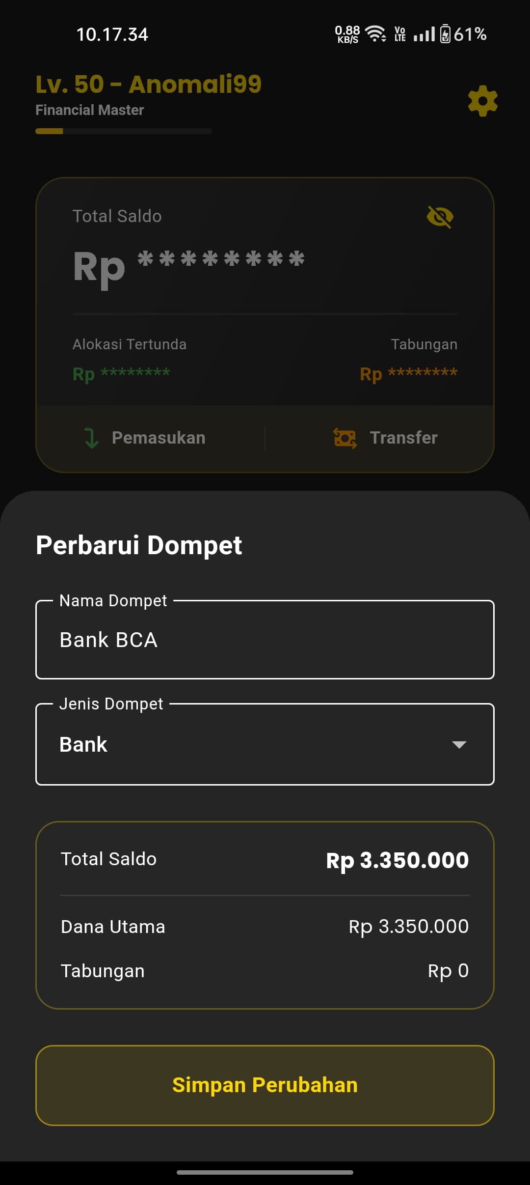 Form Perbarui Dompet menampilkan Nama Dompet, Jenis Dompet, serta breakdown Total Saldo menjadi Dana Utama dan Tabungan