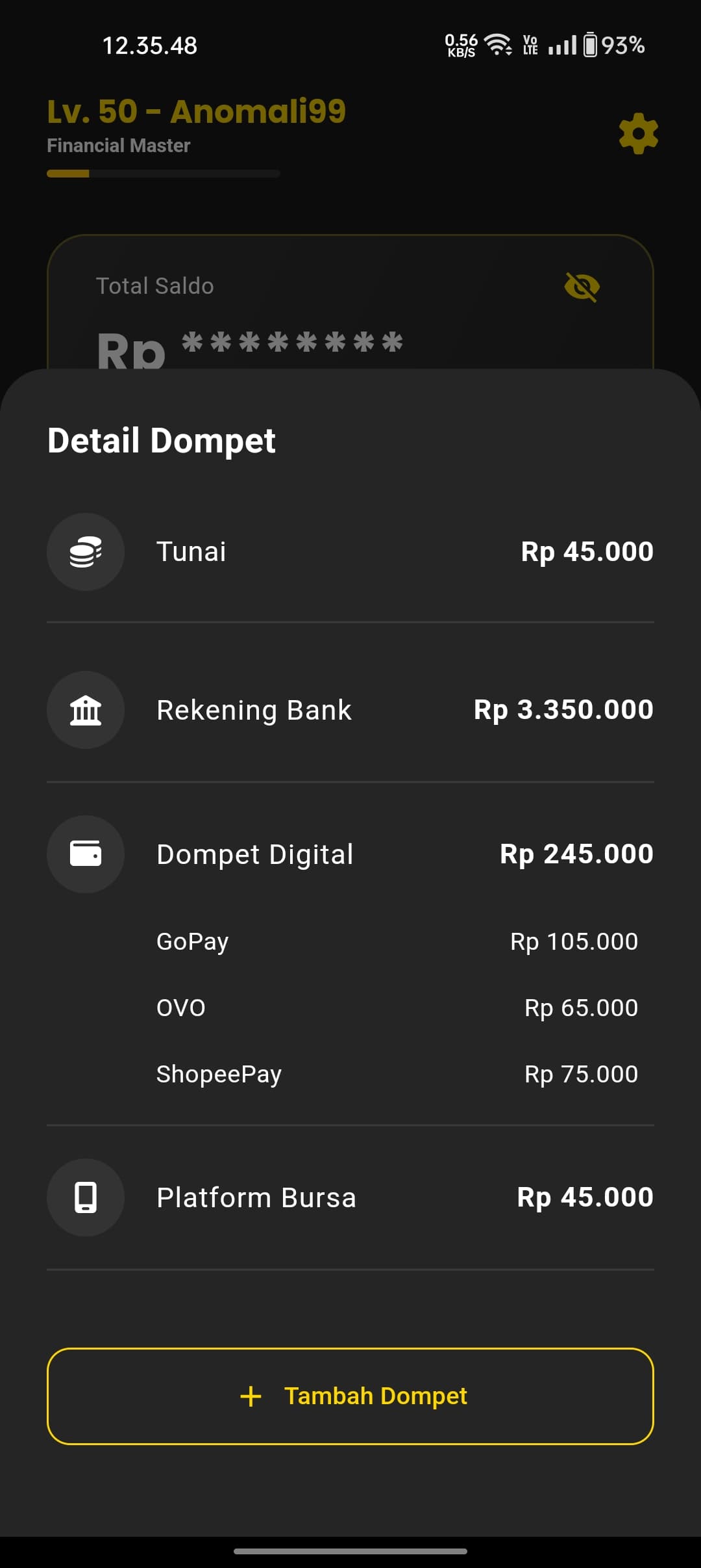 Bottom sheet Detail Dompet menampilkan total saldo per jenis: Tunai, Rekening Bank, Dompet Digital, dan Platform Bursa