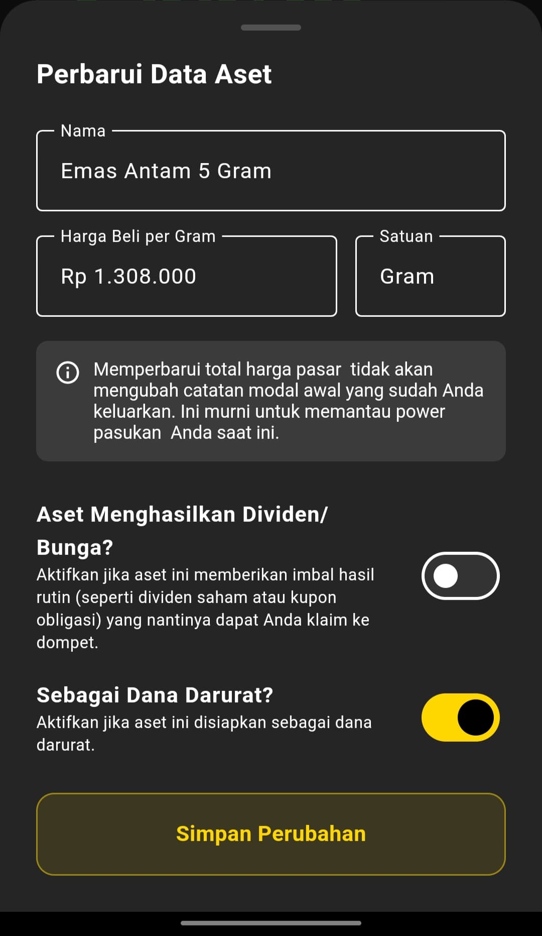 Form Perbarui Data Aset dengan field Nama, Harga Beli per Gram, Satuan, dan penjelasan bahwa update ini tidak mengubah modal awal