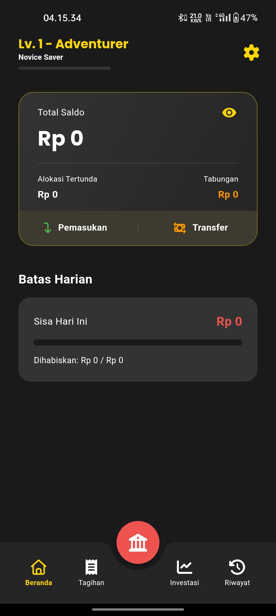 Halaman Beranda karakter baru: Lv.1 Adventurer, Novice Saver, Total Saldo Rp0, Batas Harian Rp0