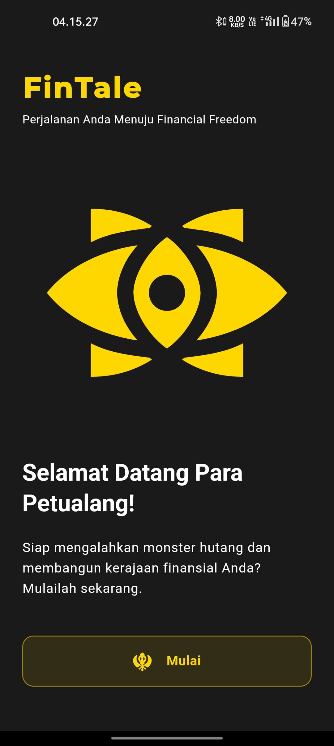 Layar sambutan FinTale bertuliskan 'Selamat Datang Para Petualang!' dengan tombol Mulai