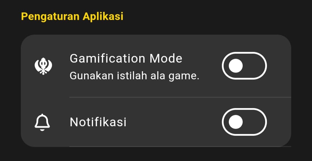 Toggle Gamification Mode di halaman Pengaturan, dengan deskripsi 'Gunakan istilah ala game.'